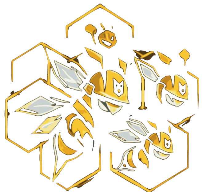 Three bees in a glowing honeycomb